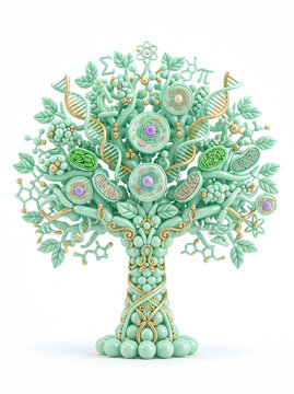 Creative tree of life concept made of mint green balloons featuring scientific symbols, cells, and DNA strands isolated on white background