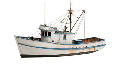 Naklejka premium White fishing trawler with blue trim, isolated on transparent background
