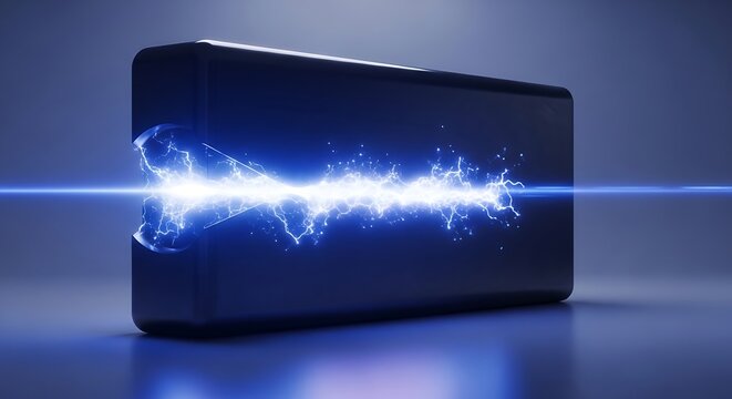 Futuristic Rectangular Energy Device With Blue Power Arc.