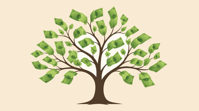Stylized tree with branches bearing flat dollar bill shaped leaves, flat vector illustration symbolizing a money tree, financial growth and passive income business concepts.