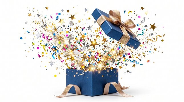 Opened blue gift box with exploding colorful confetti and stars isolated on white background.