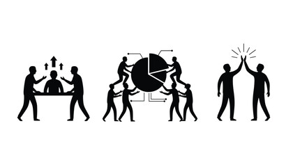 Fototapeta premium Teamwork concepts showing colleagues supporting each other, building a pie chart, and giving a high five.