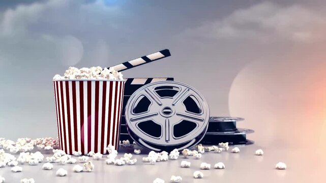 3D animation of a striped bucket overflowing with popcorn sitting next to a movie clapperboard and film reels