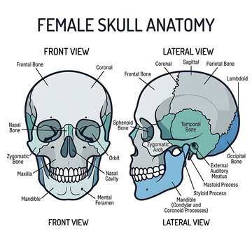 Female skull anatomy diagram front and side views.