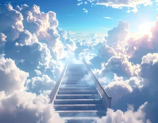 A staircase ascends through clouds towards a bright sky © tahu