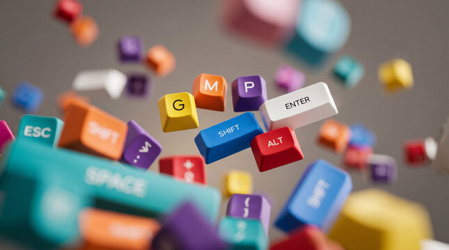 Colorful mechanical computer keyboard keys floating in midair against soft gray background.