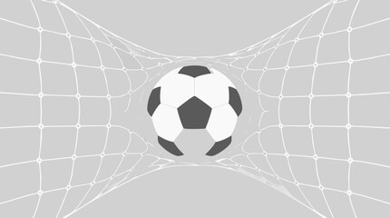 Fototapeta premium Classic black and white soccer ball embedded in the back of a white goal net representing a scored goal in football, flat vector illustration for sports and match themed design.