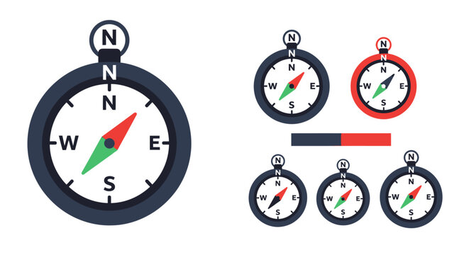 Flat illustration of a simple compass with needle pointing North, showing N, S, E, W directions.