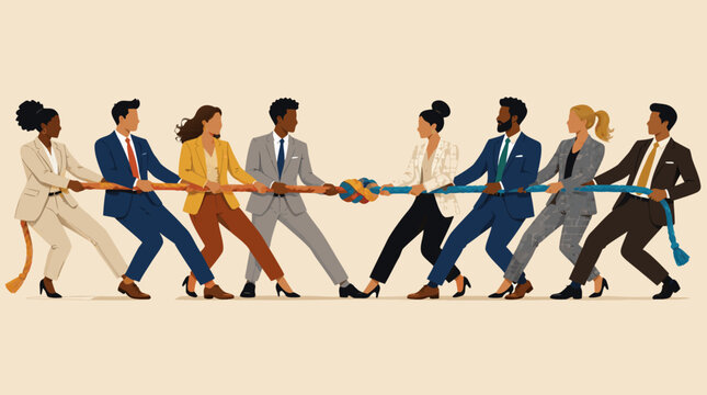 A clean flat vector illustration of two diverse teams of faceless business people in suits pulling a rope in a tug of war, ideal for competition, strategy, and teamwork-themed corporate design.