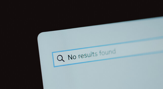 Search bar interface on a computer screen showing no results found text representing unsuccessful digital query