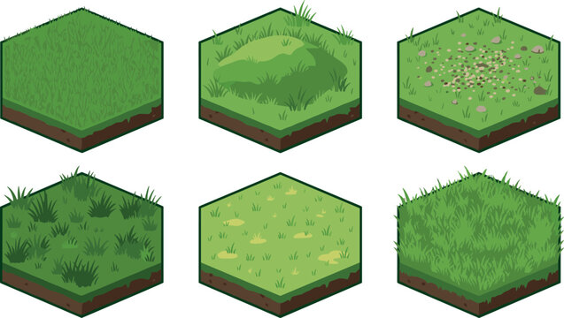 Isometric Hexagonal Grass Tile Set with Green Meadow Lawn Rocks Tufted Bushes and Dirt Soil Blocks for Strategy Video Game Map Grid Design