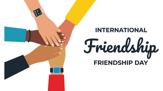 Hands joining together vector illustration with friendship day typography