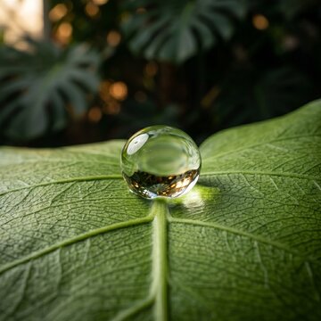 A close-up macro shot of a single water droplet resting on a vibrant green leaf. The droplet magnifies the leaf's texture and reflects a tiny world within its spherical form.