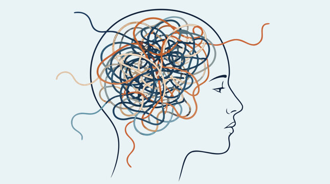 A clean flat vector illustration of a human head profile with a tangled knot of multicolored strings inside, representing confused thoughts, mental complexity, and cognitive overload, ideal for.