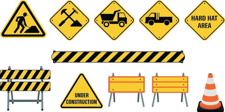 Construction safety warning signs and roadwork elements vector illustration showing barriers, cones, helmets, traffic symbols, and under construction notice graphics for site protection