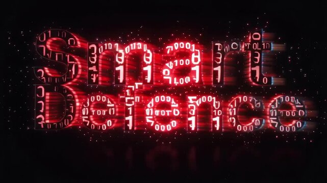 Smart defence text lettering glows with bright red binary code patterns in this dynamic digital motion video animation featuring high contrast neon typography elements that flicker and shift against a