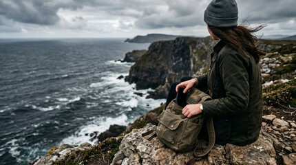 Obraz premium A lone person sits on a cliff edge, looking out at the vast, stormy sea. They are wearing a beanie and jacket, with a backpack beside them.