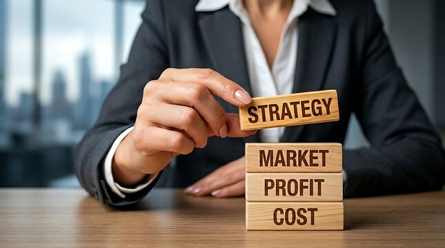 Professional businesswoman stacking wooden blocks with financial keywords symbolizing careful business strategy planning and corporate market profit growth management.