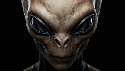 Obraz premium Alien creature with large black eyes and elongated head, featuring textured skin and a serious expression against a dark background