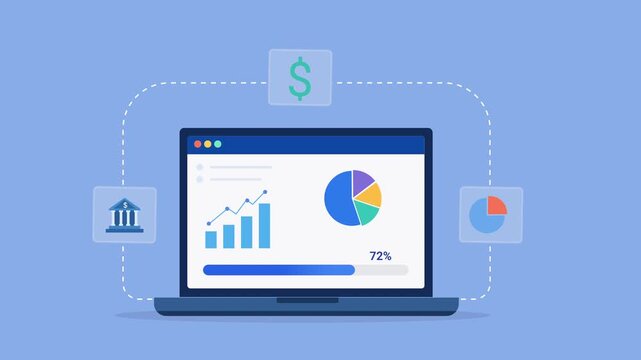 Animated flat vector illustration of a laptop displaying financial analytics with charts, progress tracking, and fintech icons. Modern business intelligence, finance dashboard, and investment technolo