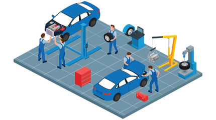 Automotive Repair Shop Isometric Illustration With Mechanics And Vehicles © MD REZAUL KARIM