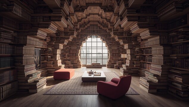 Cozy reading nook with two pink chairs and a coffee table surrounded by towering bookshelves in a beautifully designed library space with large arched window
