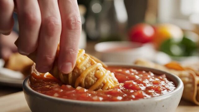 Hand dips tortilla chip into chili bowl kitchen scene