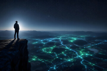 Obraz premium Silhouette overlooking valley illuminated by glowing data networ