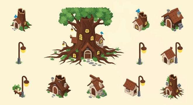 Whimsical Treehouse Village with Fantasy Characters and Lanterns.
