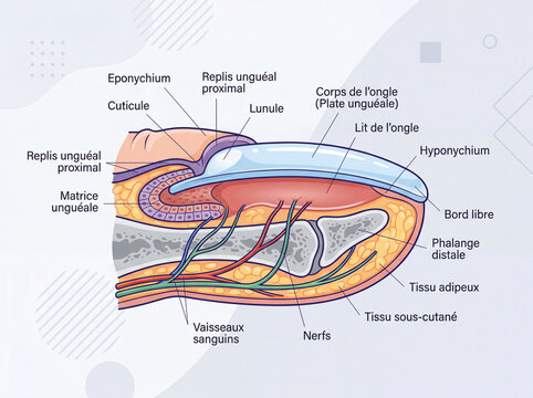 Illustration anatomique de la structure d&rsquo;un ongle de doigt avec sch&eacute;ma m&eacute;dical d&eacute;taill&eacute; et visualisation des tissus