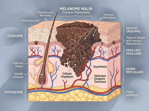 Illustration anatomique d&rsquo;un m&eacute;lanome malin avec sch&eacute;ma m&eacute;dical d&eacute;taill&eacute; et visualisation de la tumeur cutan&eacute;e