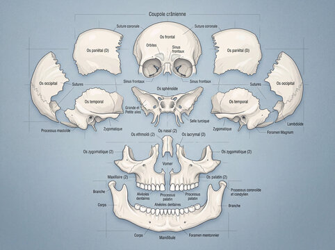 Illustration anatomique de la structure osseuse du cr&acirc;ne humain avec sch&eacute;ma m&eacute;dical d&eacute;taill&eacute; et visualisation scientifique