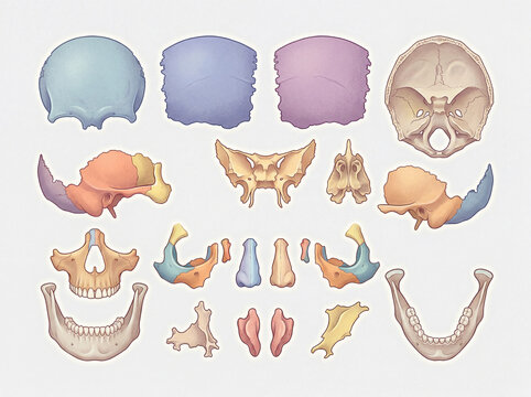 Illustration anatomique de la structure osseuse du cr&acirc;ne humain avec sch&eacute;ma m&eacute;dical d&eacute;taill&eacute; et visualisation scientifique