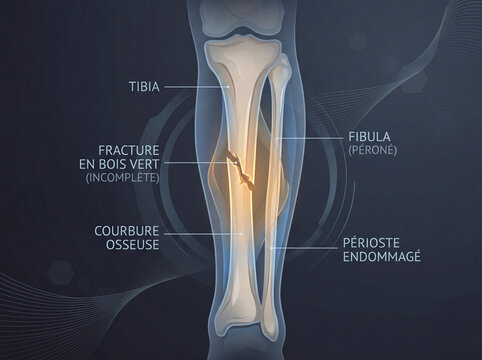 Illustration anatomique d&rsquo;une fracture en bois vert avec sch&eacute;ma m&eacute;dical d&eacute;taill&eacute; et visualisation orthop&eacute;dique