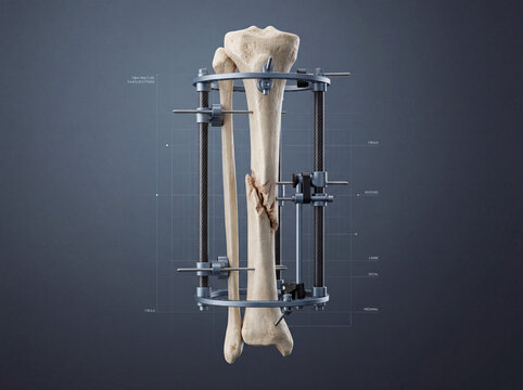 Illustration anatomique d&rsquo;un fixateur externe pour fracture du tibia avec sch&eacute;ma m&eacute;dical d&eacute;taill&eacute; et visualisation orthop&eacute;dique