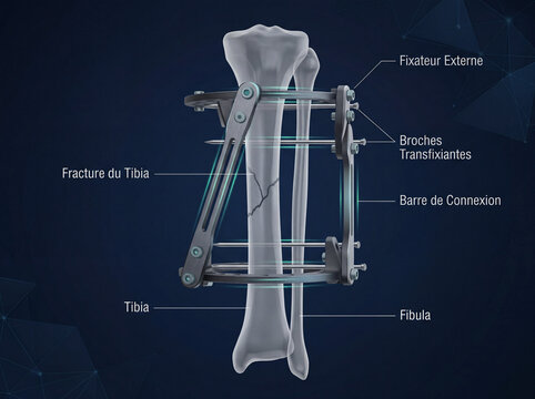 Illustration anatomique d&rsquo;un fixateur externe pour fracture du tibia avec sch&eacute;ma m&eacute;dical d&eacute;taill&eacute; et visualisation orthop&eacute;dique