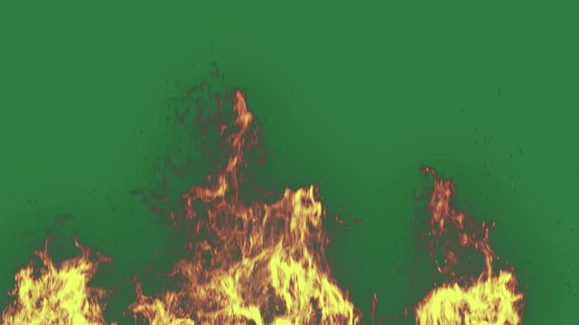 Fire on flames isolated on green screen background