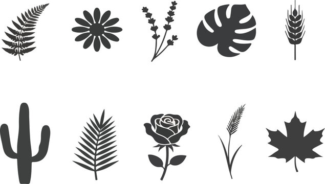 Black botanical silhouettes icon set. Minimalist floral elements isolated on white, editable EPS vector or transparent PNG..eps