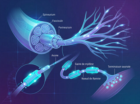 Structure d&rsquo;un nerf humain, anatomie des fibres nerveuses et organisation du syst&egrave;me nerveux p&eacute;riph&eacute;rique