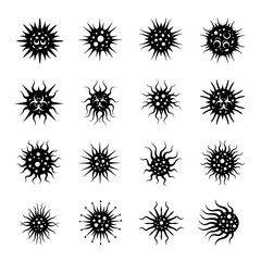 Obraz premium The illustration depicts various alien virus icons arranged in a grid on a white background.