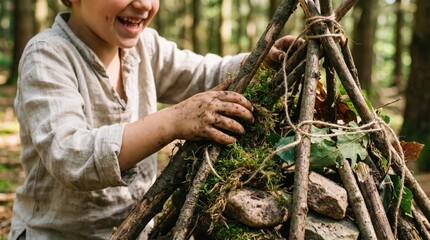 Fototapeta premium Young boy building a small stick teepee in the forest, creative outdoor play, childhood nature exploration and forest school activity