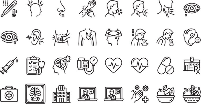 A set of black line icons related to healthcare and medicine on a white background