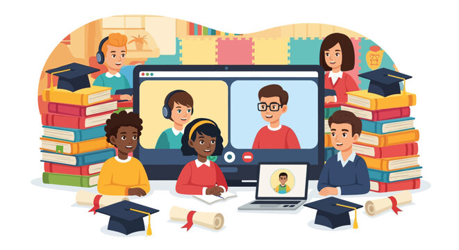 Diverse students engage in online learning with teacher supervision.