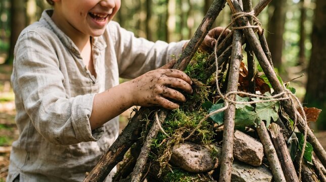 Young boy building a small stick teepee in the forest, creative outdoor play, childhood nature exploration and forest school activity