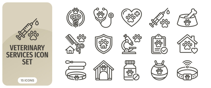 Set of veterinary services line icons collection of pet care, animal health, grooming, and medical treatment signs