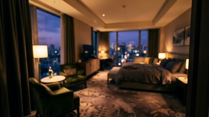 Fototapeta premium Luxury hotel room interior with a view of the city skyline at twilight, featuring a comfortable bed, plush armchairs, and warm ambient lighting in a modern highrise suite
