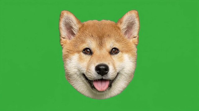 Cute shiba inu puppy dog head smiling and panting on greenscreen background animation