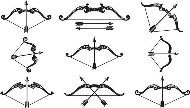 Collection of various bow and arrow designs in black on white background