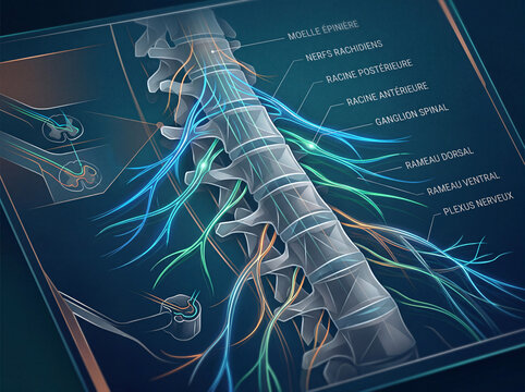 Nerfs rachidiens humains, anatomie des nerfs spinaux et connexion entre moelle &eacute;pini&egrave;re et corps