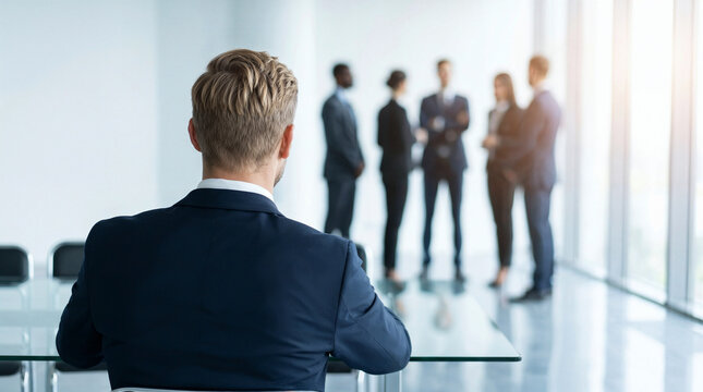 Isolated businessman facing workplace bullying in corporate office, colleagues excluding employee during business meeting, loneliness and conflict with copy space.